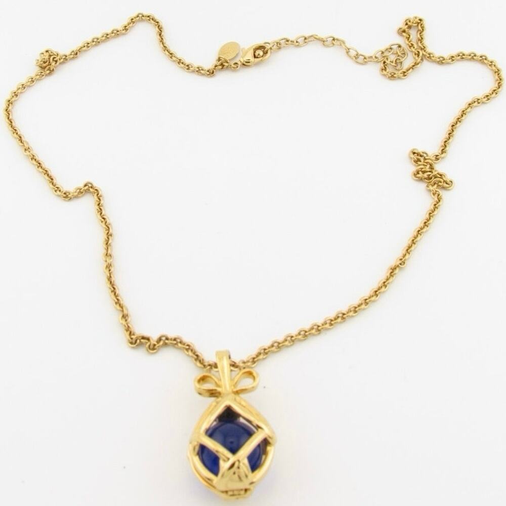 Vintage Joan Rivers Egg Pendant Necklace Gold Tone Blue Stone
